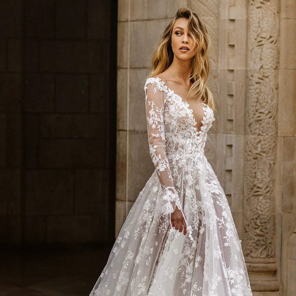 ZARA New Spring Summer Sexy Lace Long Sleeve Wedding Dress Evening Gown